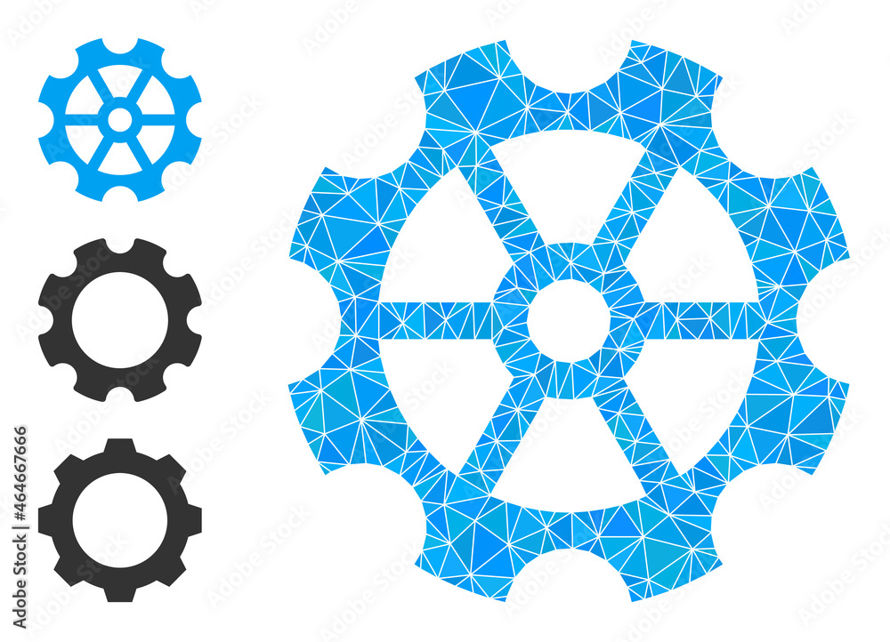Low-poly gear icon, and bonus icons. Polygonal gear vector is filled with random triangles. Flat geometric mesh illustration is based on gear icon. Triangulated gear polygonal icon illustration. Low-poly gear icon, and bonus icons. Polygonal gear vector is filled with random triangles. Flat geometric mesh illustration is based on gear icon. Triangulated gear polygonal icon illustration.