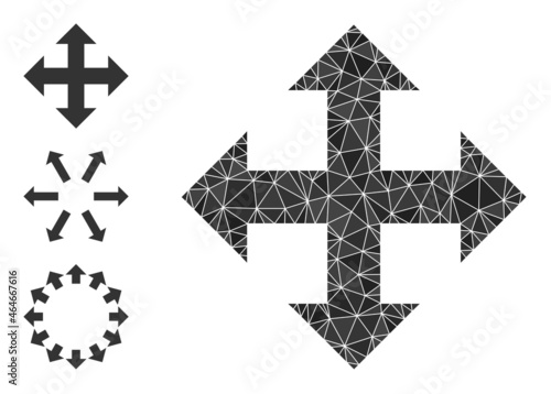 Low-poly expand arrows icon, and bonus icons. Polygonal expand arrows vector is constructed of scattered triangles. Flat geometric 2d modeling abstraction is designed by expand arrows icon.