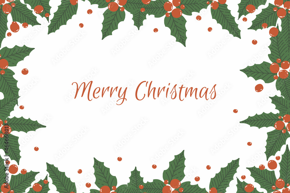 Frame from holly leaves and berries isolated on white background with greetings. Vector illustration for Christmas holiday in cartoon style Frame from holly leaves and berries isolated on white background with greetings. Vector illustration for Christmas holiday in cartoon style