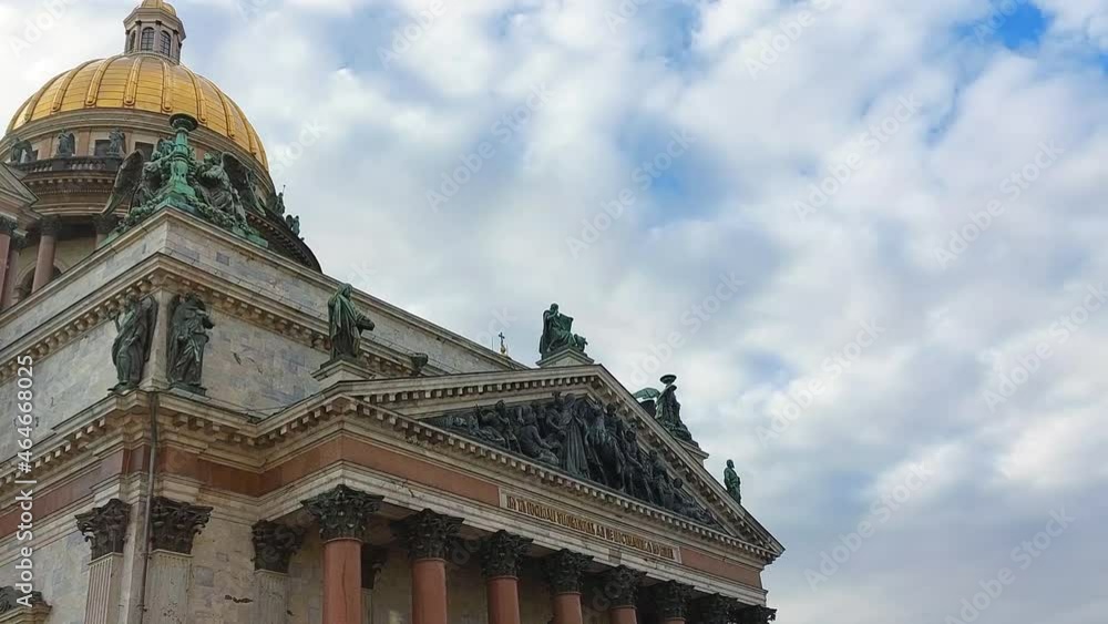 Famous church Saint Isaac's Cathedral in St. Petersburg. Russia. Panoramic view of top tourist attraction of Saint Petersburg. Wide angle view of old russian orthodox architecture and christianity art Famous church Saint Isaac's Cathedral in St. Petersburg. Russia. Panoramic view of top tourist attraction of Saint Petersburg. Wide angle view of old russian orthodox architecture and christianity art