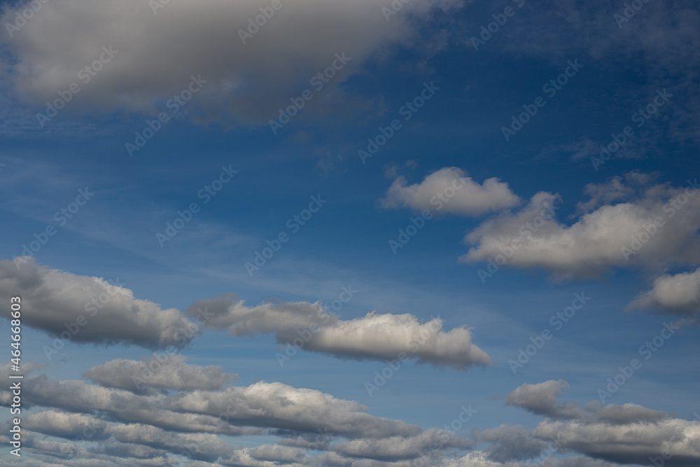 Obraz premium Light white clouds fly across a bright blue sky. Clear sky at sunny summer afternoon. Spring cloudscape background. Copy space