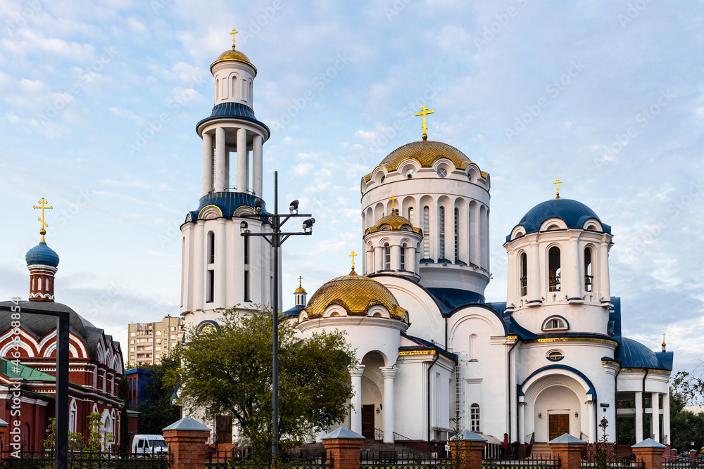 view of Church of the Cathedral of Moscow Saints in Bibirevo district of Moscow city in summer twilight