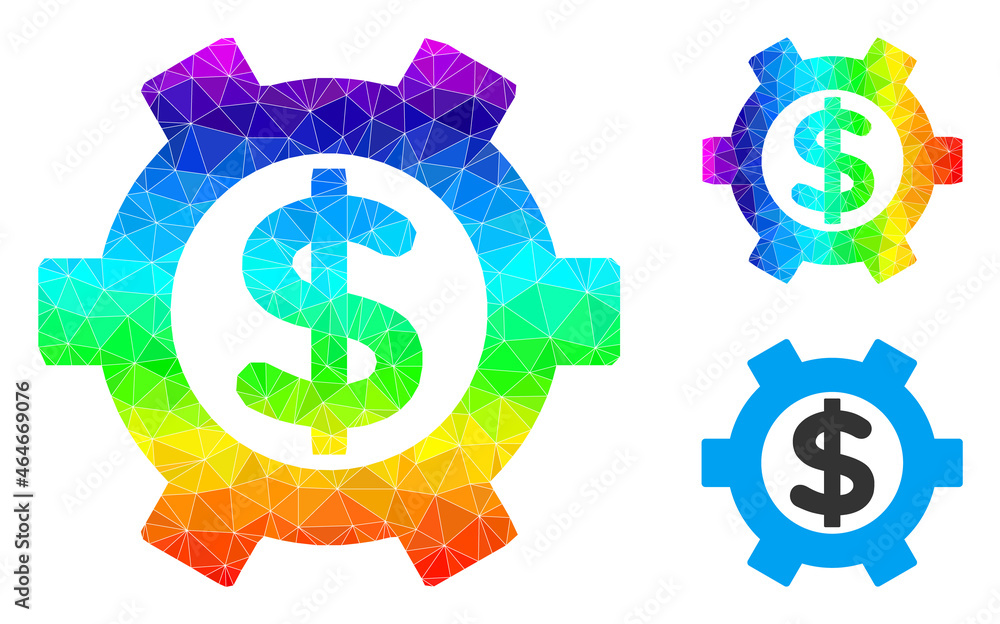 Low-poly financial settings icon with rainbow colored. Rainbow colorful polygonal financial settings vector is combined of randomized vibrant triangles.