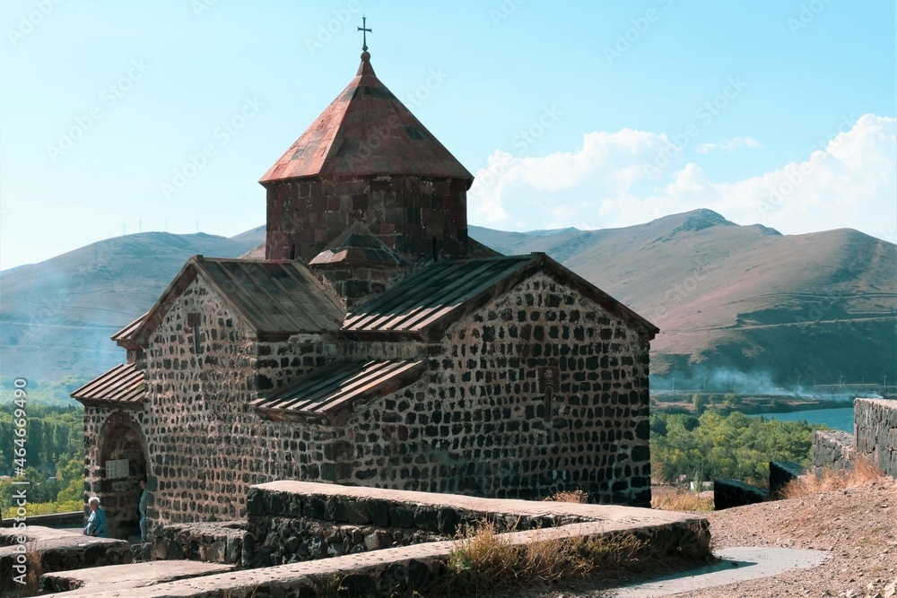 Armenia, Lake Sevan, September 2021. An ancient Christian temple with a four-sided roof.