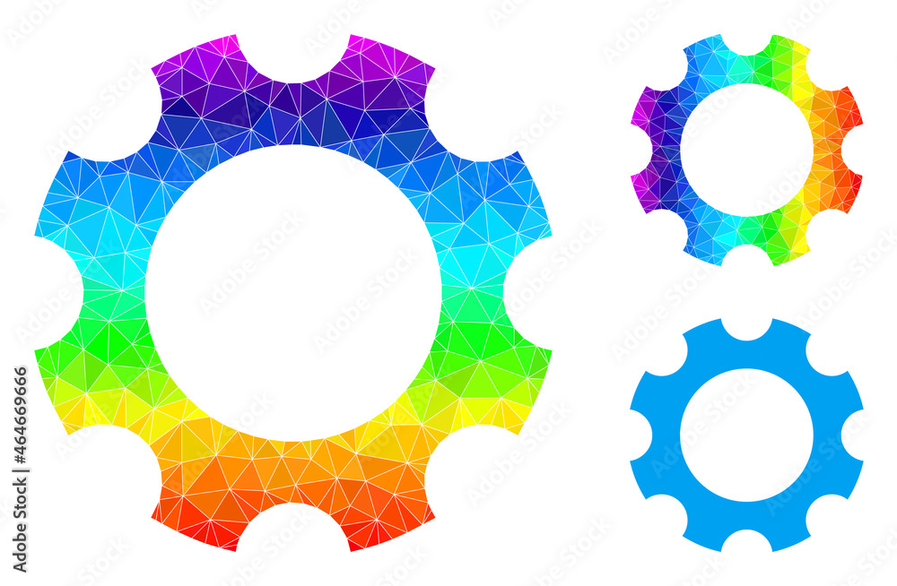 Low-poly gear icon with spectrum colored. Rainbow colored polygonal gear vector is filled with chaotic colored triangles. Flat geometric polygonal symbol is designed by gear pictogram. Low-poly gear icon with spectrum colored. Rainbow colored polygonal gear vector is filled with chaotic colored triangles. Flat geometric polygonal symbol is designed by gear pictogram.