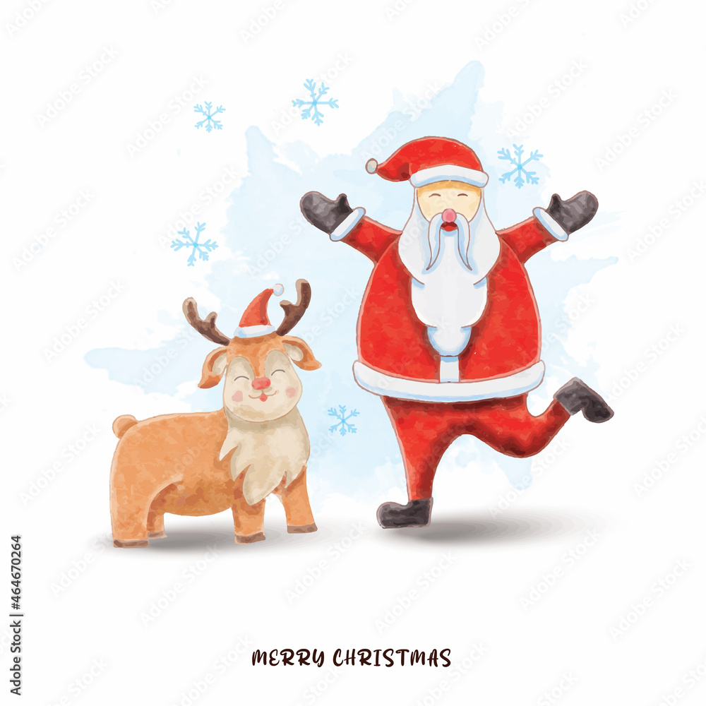 watercolor happy santa with cute deer and merry christmas watercolor happy santa with cute deer and merry christmas