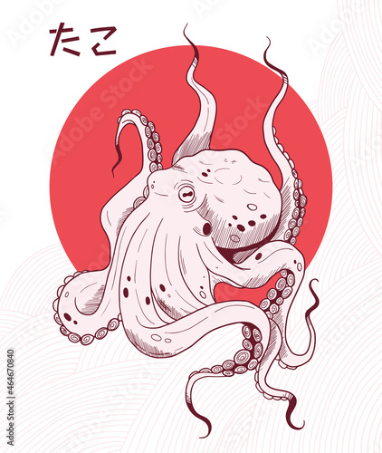 illustration with graphic hand drawn octopus on red circle with simple lines. japanese hieroglyphs, translation: octopus.