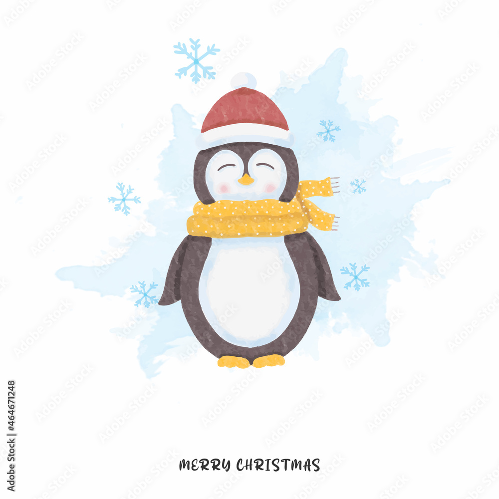 Obraz premium Watercolor cute penguin and merry christmas