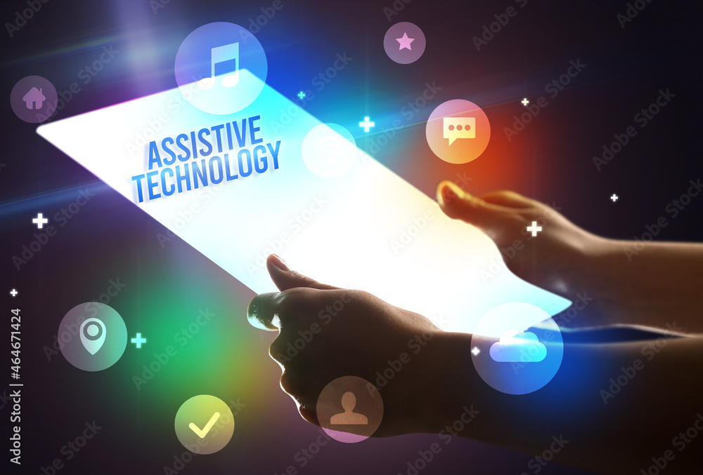 Holding futuristic tablet, new media concept Holding futuristic tablet, new media concept