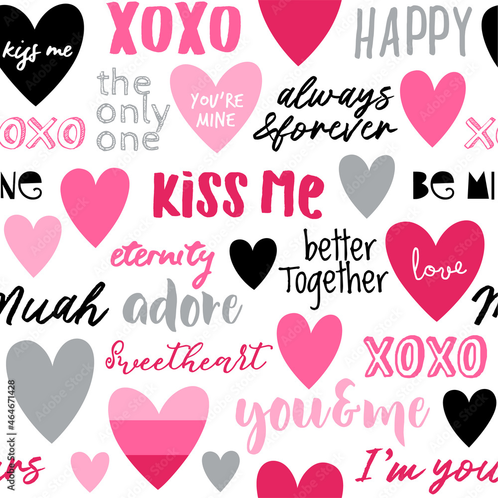 Seamless pattern of heart and typography design background.