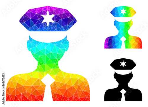 Low-poly police officer icon with spectrum gradient. Rainbow colorful polygonal police officer vector is designed of chaotic colorful triangles.