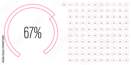 Set of circular sector arc percentage diagrams meters from 0 to 100 ready-to-use for web design, user interface UI or infographic - indicator with pink