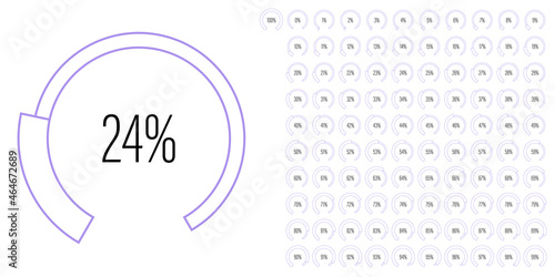 Set of circular sector arc percentage diagrams meters from 0 to 100 ready-to-use for web design, user interface UI or infographic - indicator with purple