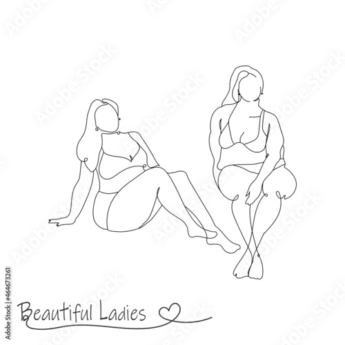 two beautiful young women with curvy plus size bodies, in contour line art modern style.Vector illustration of a bodypositive girl isolated on white background.Love yourself concept