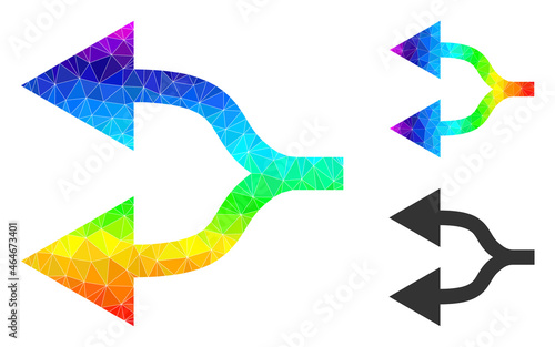 lowpoly split arrows left icon with rainbow colorful. Rainbow colored polygonal split arrows left vector is designed with scattered bright triangles.