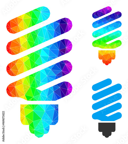 lowpoly fluorescent bulb icon with spectrum gradient. Spectrum colorful polygonal fluorescent bulb vector is designed with scattered colored triangles.