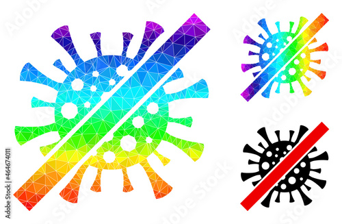lowpoly remove covid virus icon with spectral vibrant. Rainbow colored polygonal remove covid virus vector designed with randomized vibrant triangles.