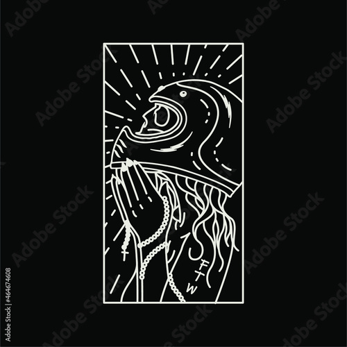 Dark Aesthetic Biker Skull Girl Praying Tattoo Line Art Drawing Poster And T-shirt Design Illustration