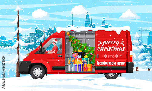 Christmas Delivery Van Truck in Town. Delivery Man in Santa Claus Hat. Happy New Year Decoration. Merry Christmas Holiday. City Covered Snow. New Year and Xmas Celebration. Flat Vector Illustration