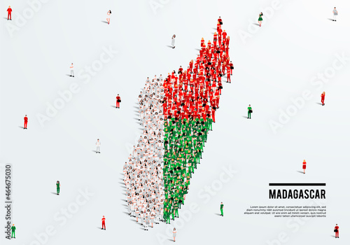 Madagascar Map and Flag. A large group of people in the Madagascar flag color form to create the map. Vector Illustration.