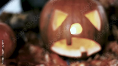 autumn carved pumpkin jack-o-lantern in the atmosphere of halloween