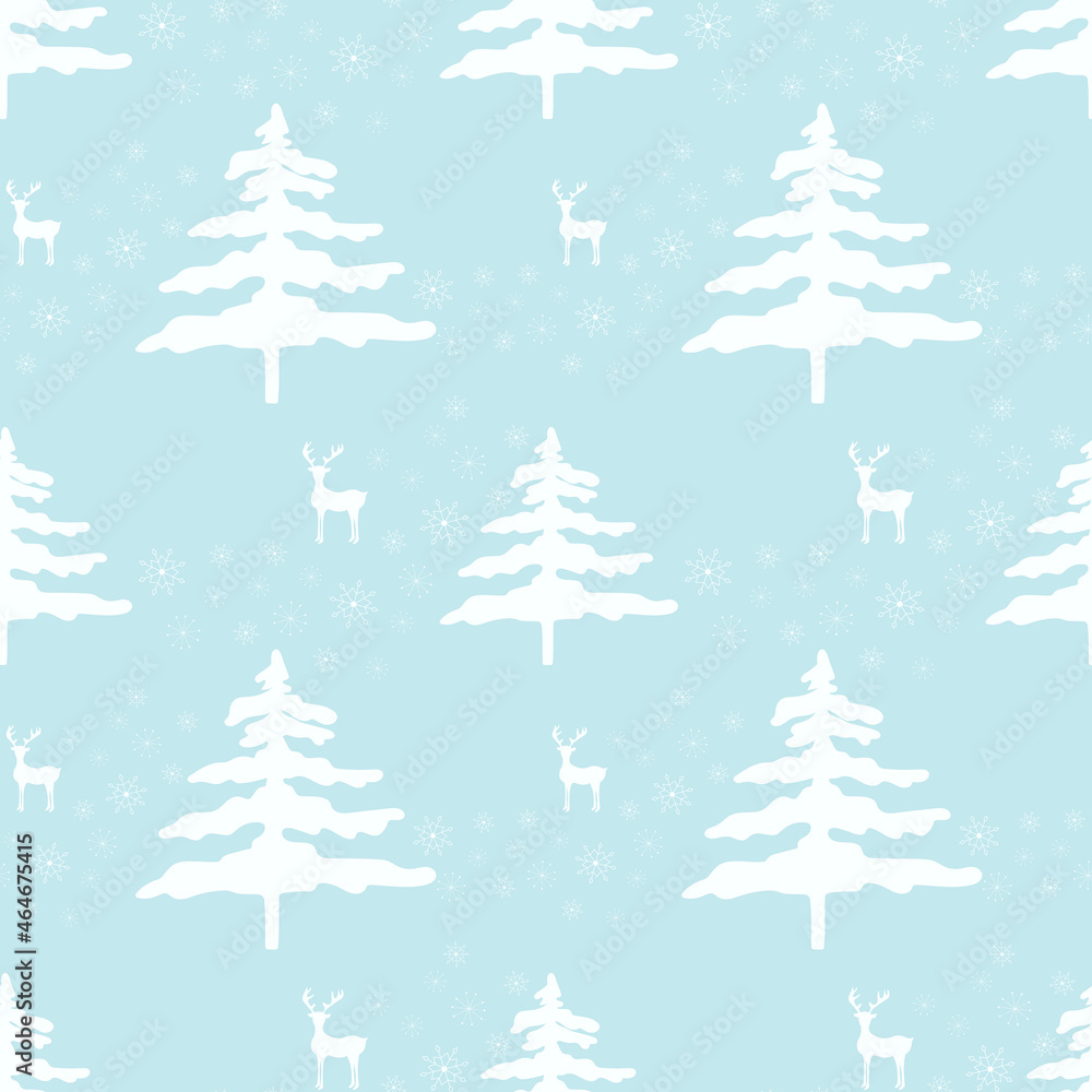 Christmas seamless background with reindeer, snowflakes and Christmas trees. Winter holiday pattern. Traditional December design for wrapping paper, postcards, napkins. Vector illustration.