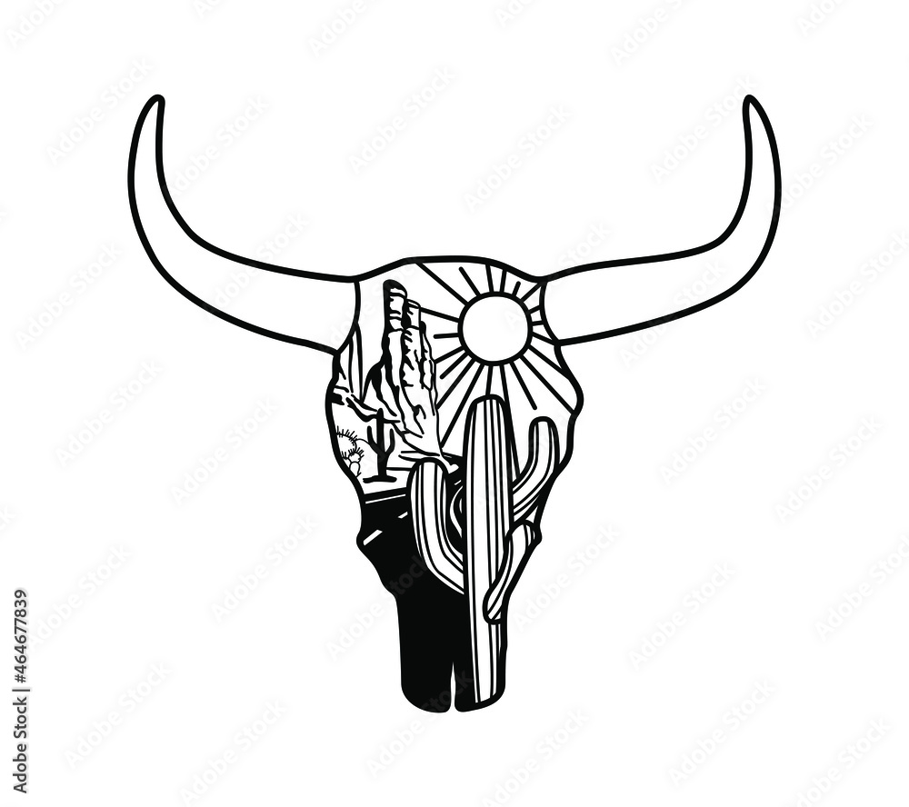 Cow skull. American desert landscape silhouette in cow skull. Vintage American Westerrn symbol hand drawn illustration landscape. Cow skull. American desert landscape silhouette in cow skull. Vintage American Westerrn symbol hand drawn illustration landscape.