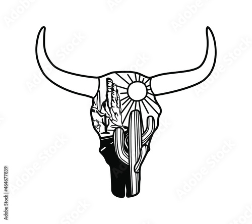 Cow skull. American desert landscape silhouette in cow skull. Vintage American Westerrn symbol hand drawn illustration landscape.