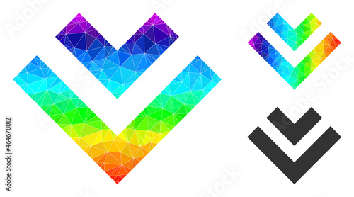 lowpoly shift down icon with spectral colored. Spectral colorful polygonal shift down vector is combined with scattered colorful triangles.