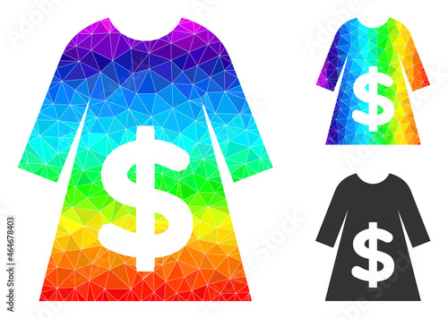 lowpoly dress sale icon with rainbow colorful. Rainbow colored polygonal dress sale vector is filled from chaotic colorful triangles. Flat geometric polygonal symbol is based on dress sale pictogram.