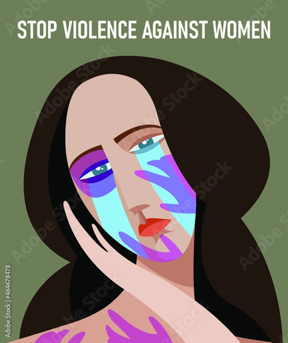 vector social poster of domestic violence victim. a crying woman with traces of beating, a black eye and palm blow marks on her face and body. stop violence against women. for print, web banners.