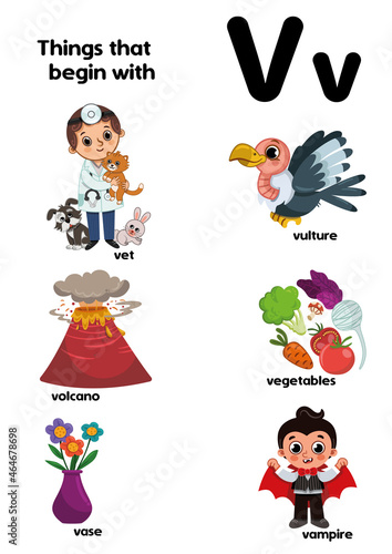 Things that start with the letter V. Educational, vector illustration for children. 