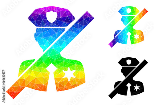 Low-poly no police sheriff icon with spectral vibrant. Spectral colorful polygonal no police sheriff vector is combined with scattered colored triangles.
