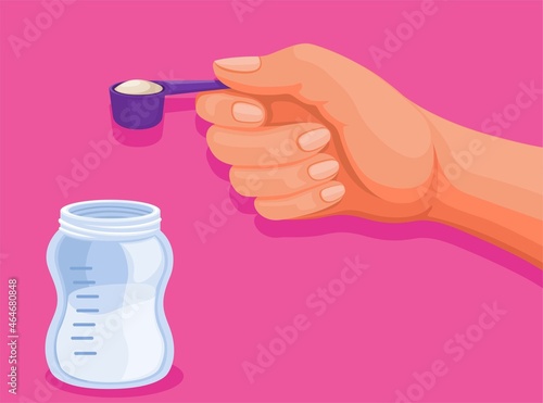 Hand holding spoon milk powder to bottle. baby milk symbol cartoon illustration vector
