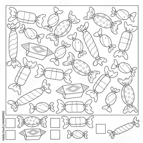 How many sweets do you see? Black and white illustration of educational counting game for children with candy coloring book page.