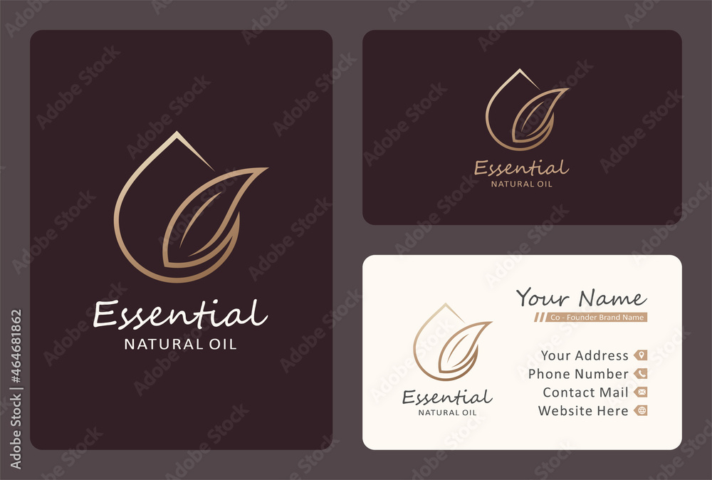 natural essential oil logo design, leaf drop symbol in golden color.