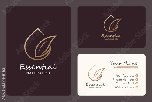 natural essential oil logo design, leaf drop symbol in golden color.