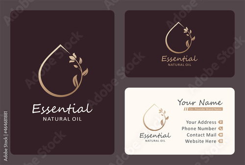 beauty nutrition logo design, drop symbol combine with flower branch in golden color.