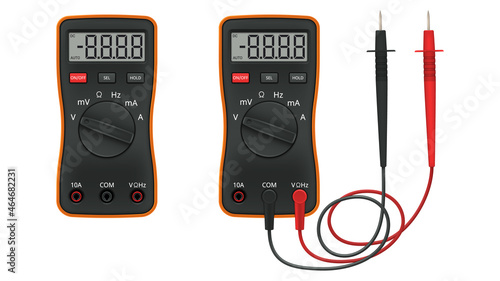 Realistic digital multimeter with set of probes. Instrument for measuring voltage, current, resistance. Vector illustration. photo
