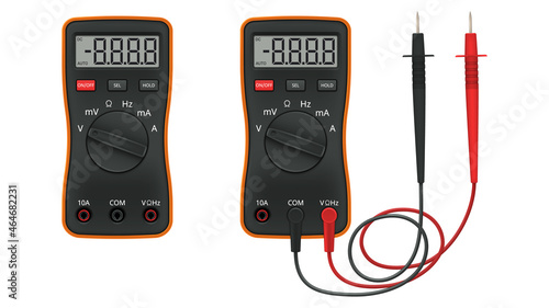 Realistic digital multimeter with set of probes. Instrument for measuring voltage, current, resistance. Vector illustration.
