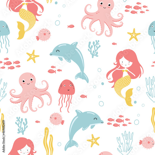 Vector colour hand-drawn children’s illustration, print, the card with a cute mermaid seamless. Scandinavian style on a white background.