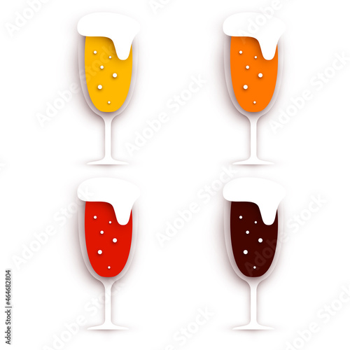 Set of glass beer different colors in modern geometric style. Minimalistic paper cut design element. Template for branding event, ads, background. Vector illustration.