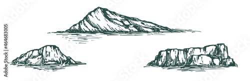 Set of vector illustration iceberg in monochrome sketch engraved style isolated on white background. Collection big ice mountain in water. Hand drawn vintage design element.