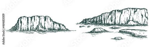 Set of vector illustration iceberg in monochrome sketch engraved style isolated on white background. Collection big ice mountain in water. Hand drawn vintage design element.