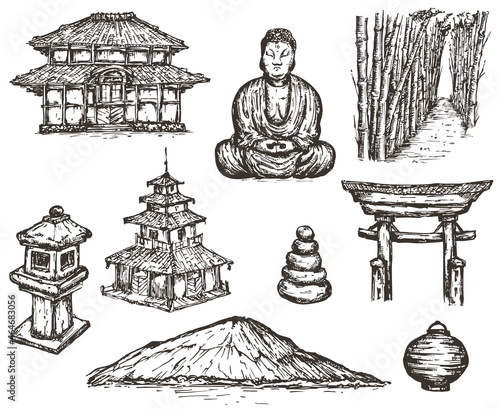 Vector hand draw japanese travel elements isolated on white background. Monochrome illustration in sketch vintage style.
