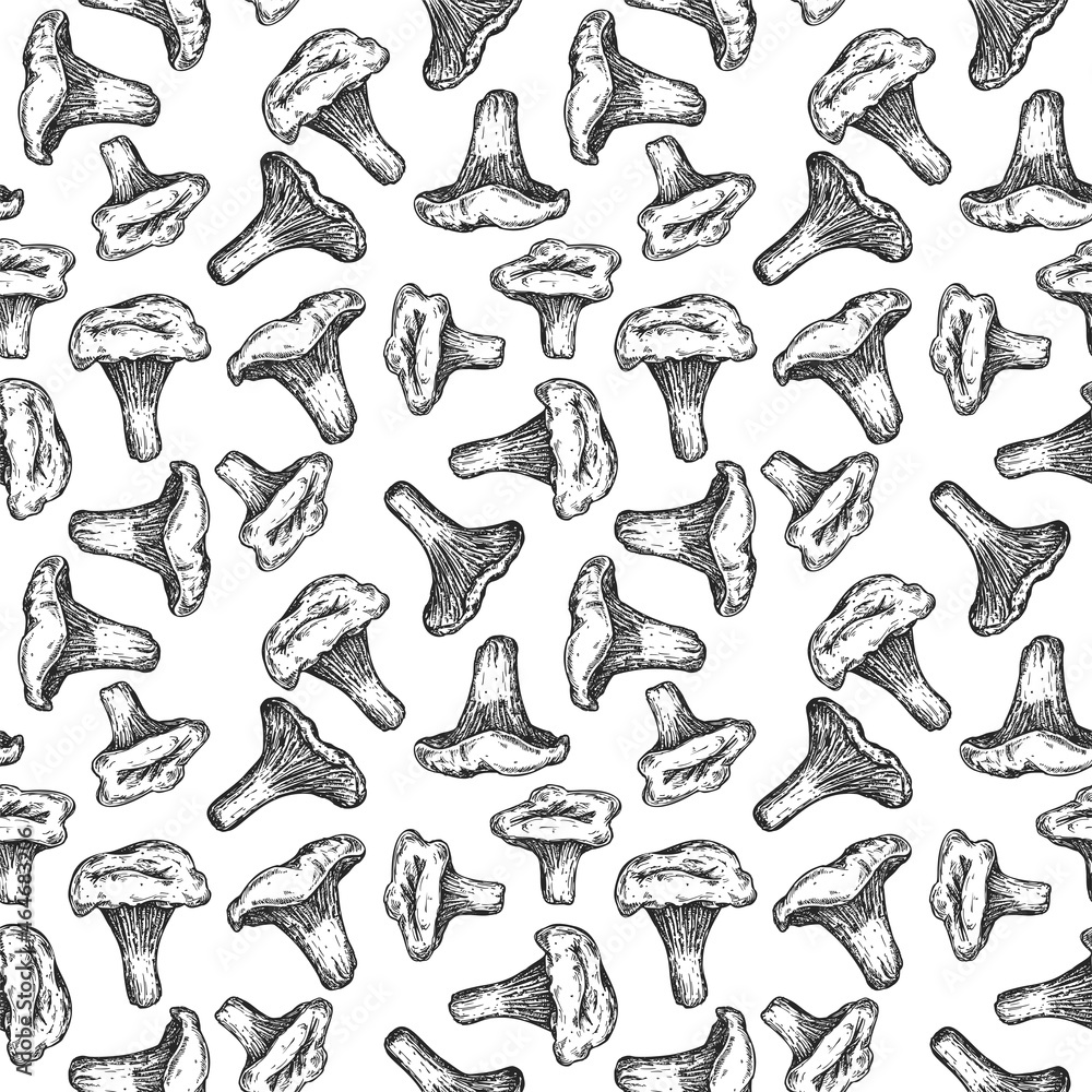 Obraz premium Seamless monochrome pattern with mushrooms isolated on white background. Template for branding fresh organic food, textile, ads. Vector illustration.