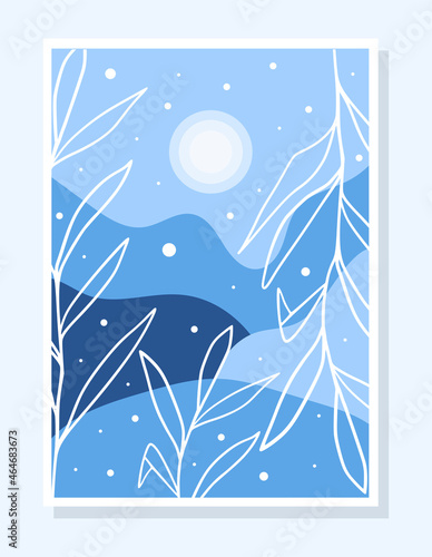 Winter poster of blue backgrounds for social media stories with snowflakes and sun, can be use for event invitation, card design, ad. Vector illustration