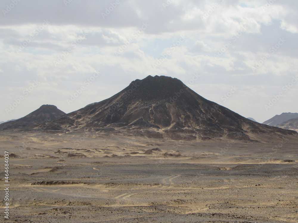View of white and black desert landscape in Egypt.