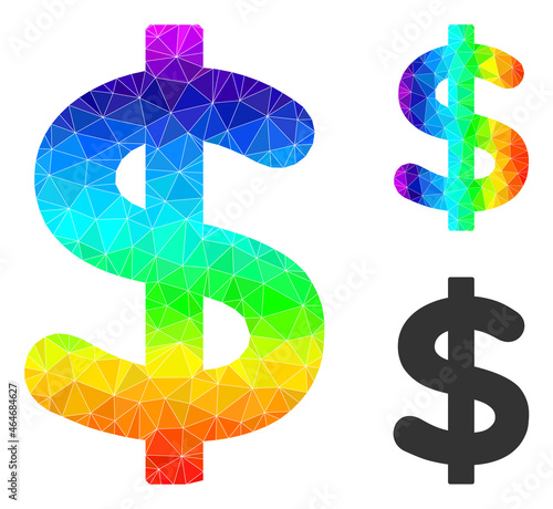 lowpoly dollar icon with spectral gradient. Spectral colored polygonal dollar vector is designed from random bright triangles. Flat geometric polygonal illustration created from dollar icon.