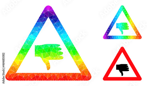 Low-poly thumb down warning icon with spectrum colorful. Spectrum vibrant polygonal thumb down warning vector is filled with chaotic colorful triangles.